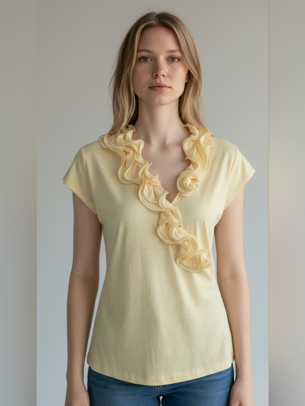 Bwear Cream Ruffle V-Neck Short Sleeve Top